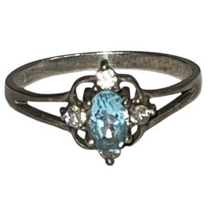 Vintage Signed 925 Sterling Silver Blue Topaz & CZ Accent Ring – Size 7